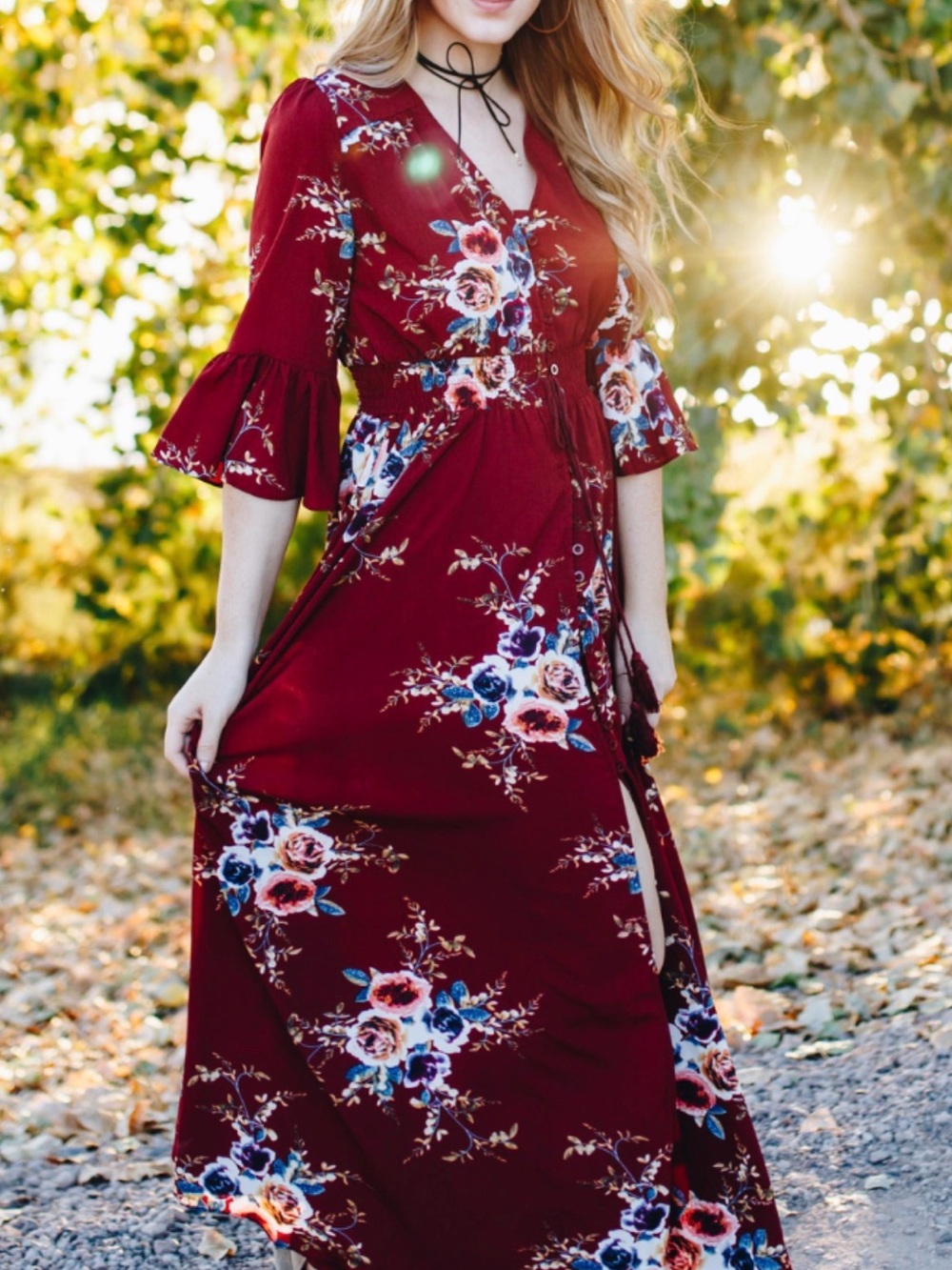easel Rust Floral Maxi Dress with Drawstring Waist